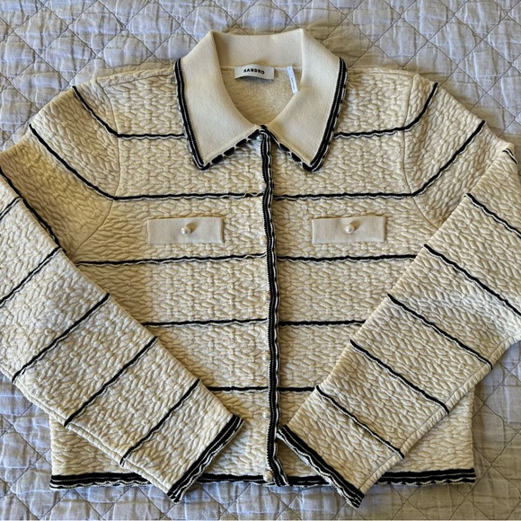 Sandro Cropped Jacket, Cream with Black Stripe and Pearl Buttons. Large. New. - Picture 8 of 15